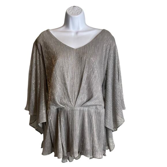 Alex Evenings Women's Silver Metallic Plissé V Neck Ruffle Peplum Top Size 2X - Picture 1 of 12